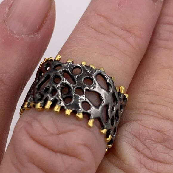 New, no tags, solid sterling 925 silver, black rhodium, 22 K gold, real pearl - Picture 5 of 14